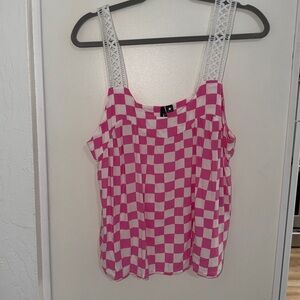 Kensie Pink & White Checkered Lace-Trim Pajama Top | L